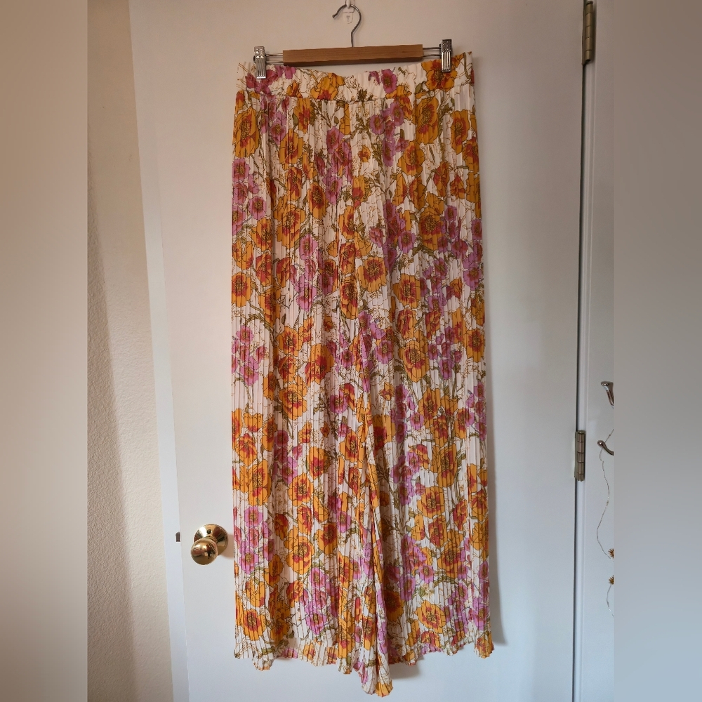 Rose & Olive Floral Wide Leg Pants  with Pink and Orange Accents